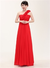 Princess Graduation Dress One Shoulder Rose Strap Red Chiffon