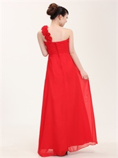Princess Graduation Dress One Shoulder Rose Strap Red Chiffon