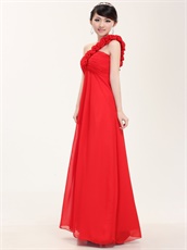 Princess Graduation Dress One Shoulder Rose Strap Red Chiffon