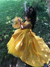 Designer Style Applique Little Girl Dress Beauty And The Beast Yellow Theme