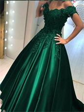 Hunter Green Appliques Sation Prom Gowns Lady V neck Real Products Show