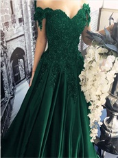 Hunter Green Appliques Sation Prom Gowns Lady V neck Real Products Show