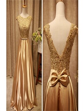 Lustrous Fabric Scoop Floor Length Evening Gold Dress With Appliques