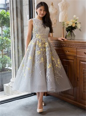 Silver High Low Striated Lace Prom Dress With Luminous Yellow Shivering