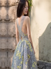 Silver High Low Striated Lace Prom Dress With Luminous Yellow Shivering