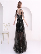 Pegasus Stars & Moon Pattern Lace Black Prom Dress Half Lining Skirt