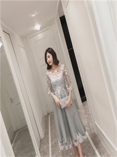 Grey Tea-Length 4 Layers Tulle Skirt With Appliques Fashion Style
