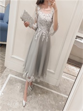 Grey Tea-Length 4 Layers Tulle Skirt With Appliques Fashion Style