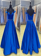 Not Puffy Ball Gown For Dance Royal Blue Satin Draped Skirt With Pockets