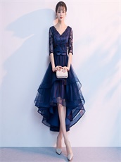 V neck Lace Cocktail Navy High Low Dance Dress With Half Transparent Sleeve