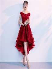 Red V neck Lace Homecoming Dresses High Low For Young Girl