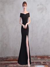 Portrait Close-fitting Sexy Slit Evening Dress Black Made By Spandex