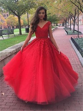 Brisk Tulle Floor Length Appliques Evening Dance Dresses Not Puffy