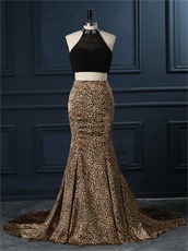 Show Waist Two-Pieces Black With Leopard Pattern Mermaid Skirt Prom Wear