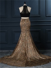 Show Waist Two-Pieces Black With Leopard Pattern Mermaid Skirt Prom Wear