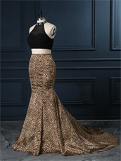 Show Waist Two-Pieces Black With Leopard Pattern Mermaid Skirt Prom Wear