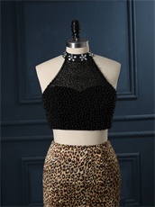 Show Waist Two-Pieces Black With Leopard Pattern Mermaid Skirt Prom Wear