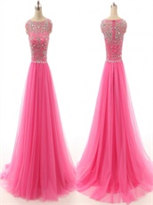 Multilayered A-line Tulle Hot Pink Evening Dress Silver Beading