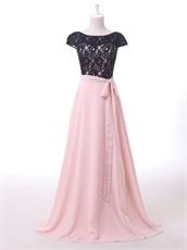 Dignified Pink Chiffon Long Pageant Dress Black Lace With Ribbon