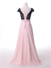 Dignified Pink Chiffon Long Pageant Dress Black Lace With Ribbon