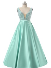 Glass Crystals V Neck Mint A-line Satin Fashion Prom Dresses