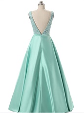 Glass Crystals V Neck Mint A-line Satin Fashion Prom Dresses