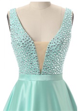 Glass Crystals V Neck Mint A-line Satin Fashion Prom Dresses