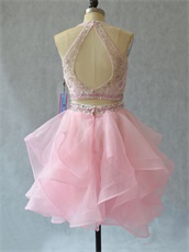 High Scoop Neck Two-Pieces Ruffles Short Organza Prom Dress Lovely Pink