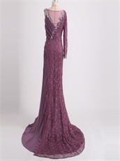 Half Lace Half Chiffon Fabric Grayish Purple Evening Prom Dress Factory