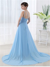 Nattier Blue Chiffon Single Shoulder Prom Girl Dress Discount