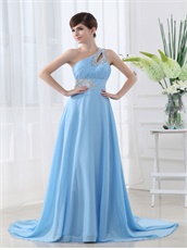 Nattier Blue Chiffon Single Shoulder Prom Girl Dress Discount