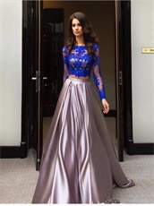 Rosy Brown Satin Acetate Two-Pieces Prom Gown Covered With Royal Blue Lace