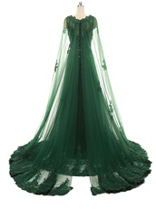 Luxurious Hunter Green Applique Prom Dress Cloak From Shoulder To Floor