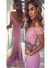 Off Shoulder Sheath Lilac Full Dress Sweep Train With Triangular Lace