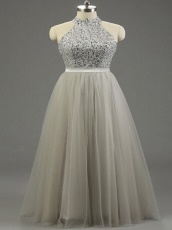 Halter Top Floor Length Multilayered Silver Tulle Grande Toilette