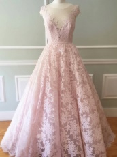 Scoop Pink Lace Pageant A-line Women Prom Dress Inexpensive