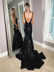 Black Sequin Lace Evening Beauty Pageant Dress V-Shaped Open Back