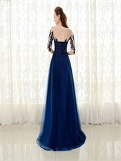 Scoop See Through Nude Neck Half Sleeve Long Prom Dress in Navy