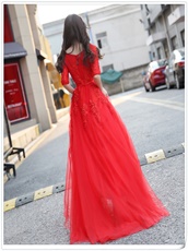 Sedate Half Sleeves Red Festive Prom Dress Large-scale Award Ceremony