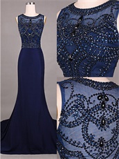 Civility Scoop Beading Navy Blue Mermaid Prom Dress For Mother