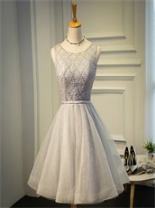 Scoop Silver Lace Knee Length Homecoming Dress For Young Girl