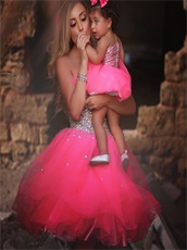 Lovely AB Crystals Short Hot Pink Prom Dress Young Mother