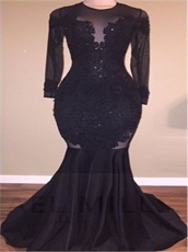 High Collar Mearmaid Black Sexy Evening Dress Appliques