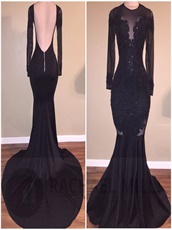 High Collar Mearmaid Black Sexy Evening Dress Appliques