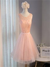 Puffy Tulle Knee Length Blush Homecoming Bridesmaids Dress Under 80