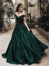 Deep Hunter Green Satin Brush Train Befitting Annual General Evening Prom Dress