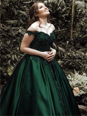 Deep Hunter Green Satin Brush Train Befitting Annual General Evening Prom Dress