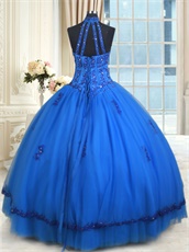 Halter Floor Length Multilayer Tulle Royal Blue Quinceanera Ball Gown Beauty Contest