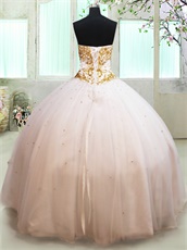 Sample Dress Picture White Mesh Flat Quinceanera Gown Gold Appliques China Factory