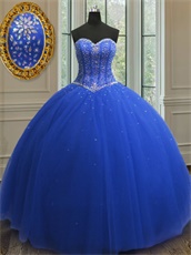 Royal Blue Layers Mesh Puffy Quinceanera Dance Ball Gown V-Shaped Seam Wasitline